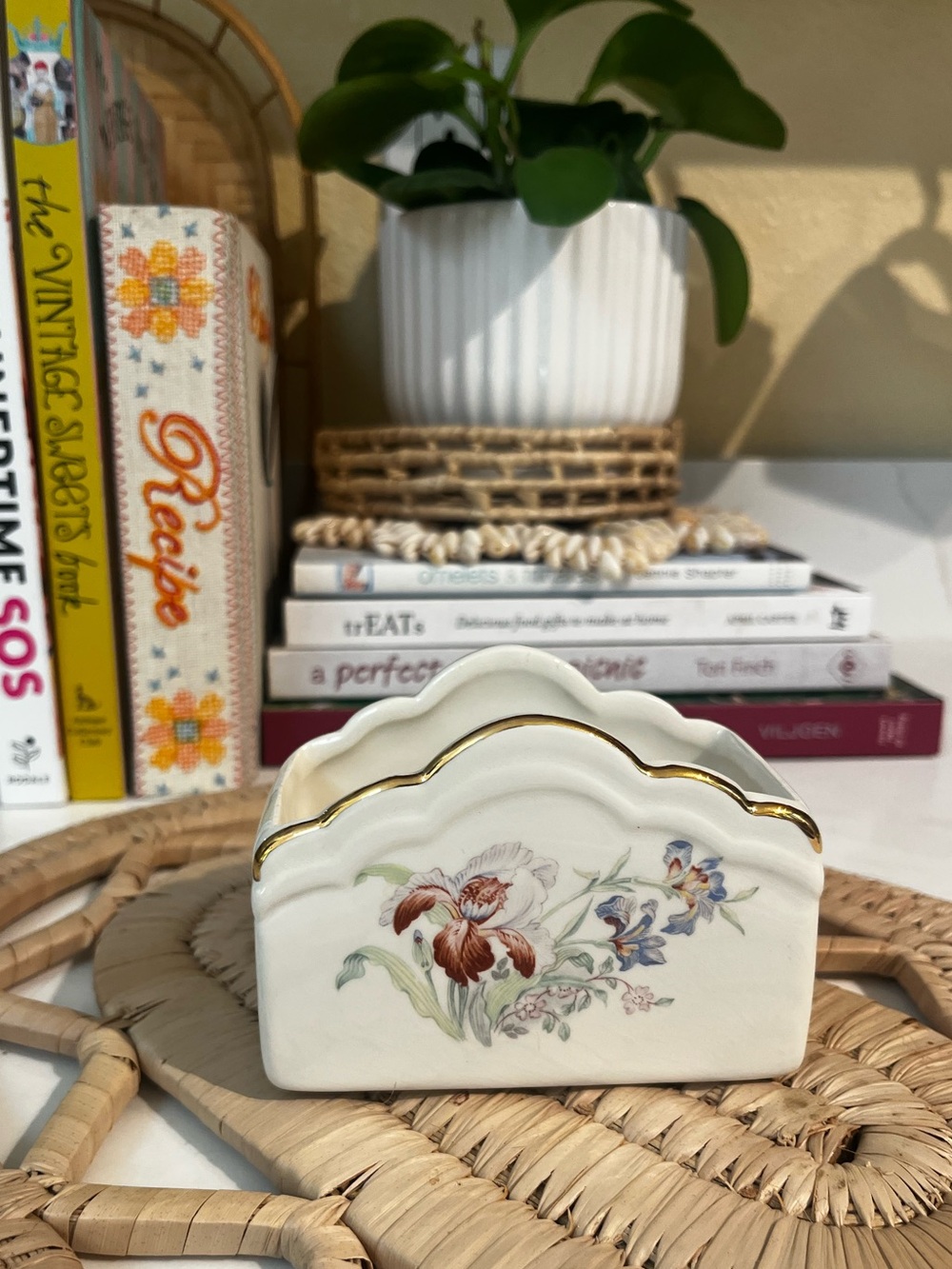 White Floral Napkin/Letter Holder with Gold Trim